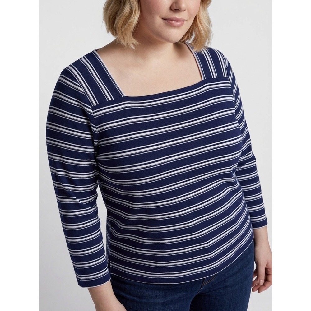 Coldwater Creek Navy Blue White Striped Square Neck 3/4 Sleeve Top XXL EUC